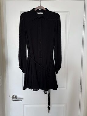 Zara Black Long-Sleeve Button-Up Mini Dress with Tie Waist